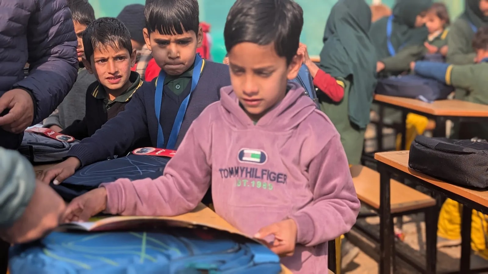 Students looking through their new kits